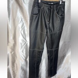 Black Faux Leather Straight Leg Pants White Contrast Stitching Moto Pleather S